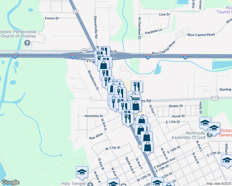 map of restaurants, bars, coffee shops, grocery stores, and more near 2122 North Parkerson Avenue in Crowley