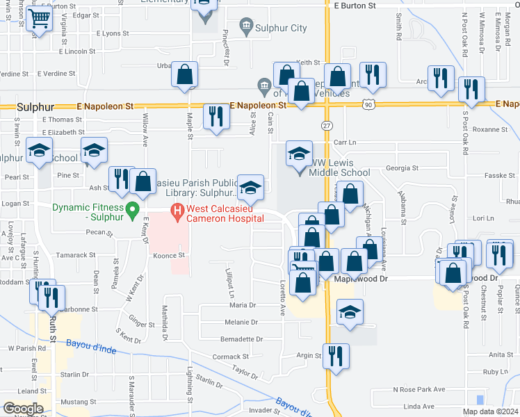 map of restaurants, bars, coffee shops, grocery stores, and more near 1412 Cypress Street in Sulphur