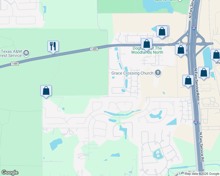 map of restaurants, bars, coffee shops, grocery stores, and more near 15458 Mansion Woodland Drive in Conroe