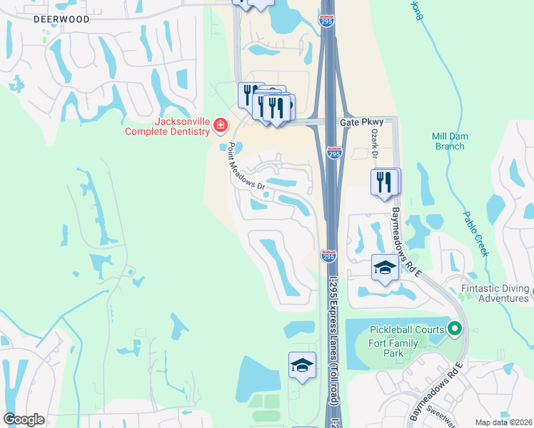 map of restaurants, bars, coffee shops, grocery stores, and more near 7800 Point Meadows Drive in Jacksonville