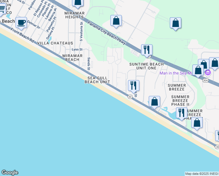 map of restaurants, bars, coffee shops, grocery stores, and more near 17643 Front Beach Road in Panama City Beach