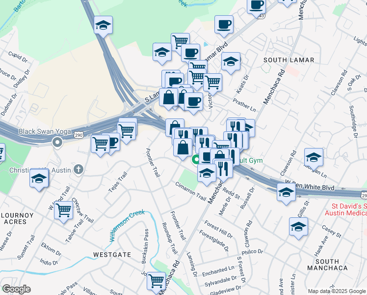 map of restaurants, bars, coffee shops, grocery stores, and more near 2201 West Ben White Boulevard in Austin