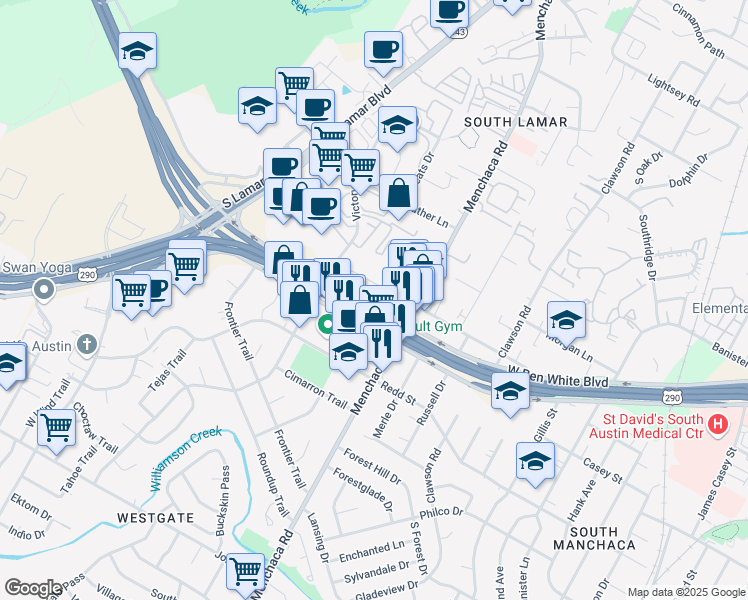 map of restaurants, bars, coffee shops, grocery stores, and more near 2028 West Ben White Boulevard in Austin