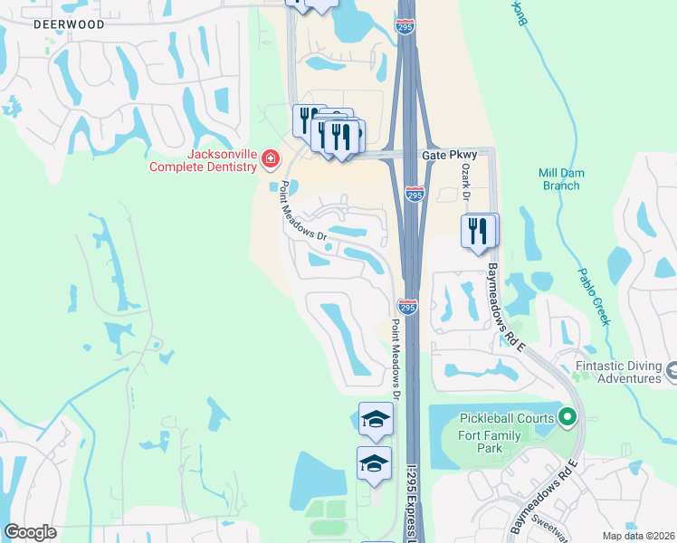 map of restaurants, bars, coffee shops, grocery stores, and more near 7800 Point Meadows Drive in Jacksonville