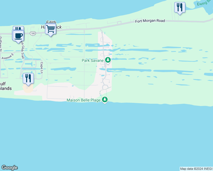 map of restaurants, bars, coffee shops, grocery stores, and more near 9270 Alabama 180 in Gulf Shores