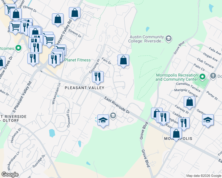map of restaurants, bars, coffee shops, grocery stores, and more near 1851 1/2 River Crossing Circle in Austin