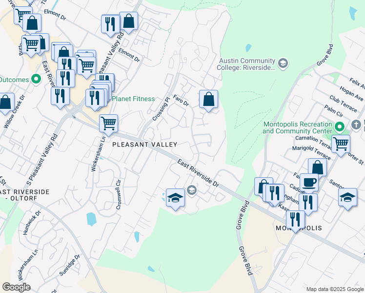map of restaurants, bars, coffee shops, grocery stores, and more near 1851 1/2 River Crossing Circle in Austin