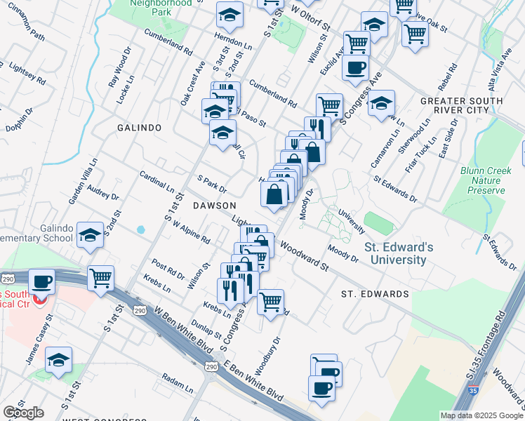 map of restaurants, bars, coffee shops, grocery stores, and more near 126 Frederick Street in Austin