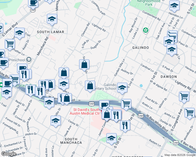 map of restaurants, bars, coffee shops, grocery stores, and more near 1 Southway Drive in Austin