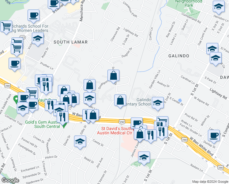 map of restaurants, bars, coffee shops, grocery stores, and more near 3806 Southridge Drive in Austin