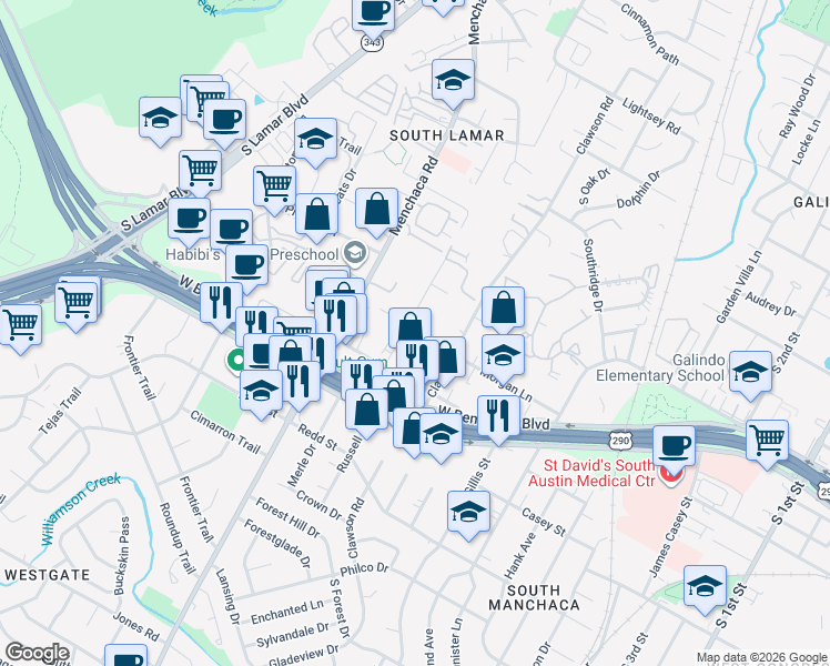 map of restaurants, bars, coffee shops, grocery stores, and more near 4107 Valley View Road in Austin