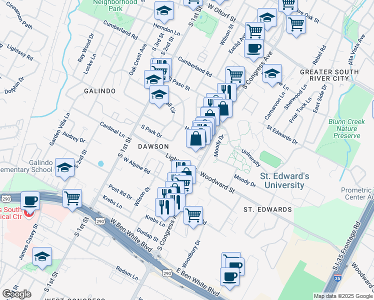 map of restaurants, bars, coffee shops, grocery stores, and more near 126 Frederick Street in Austin