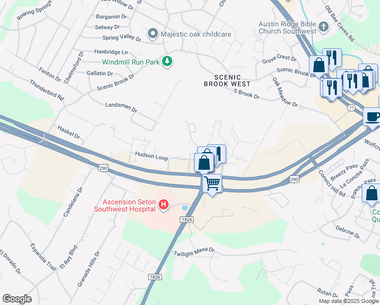 map of restaurants, bars, coffee shops, grocery stores, and more near 8016 U.S. 290 in Austin