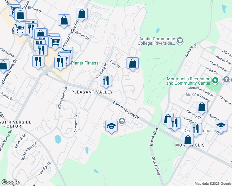 map of restaurants, bars, coffee shops, grocery stores, and more near 1851 1/2 River Crossing Circle in Austin