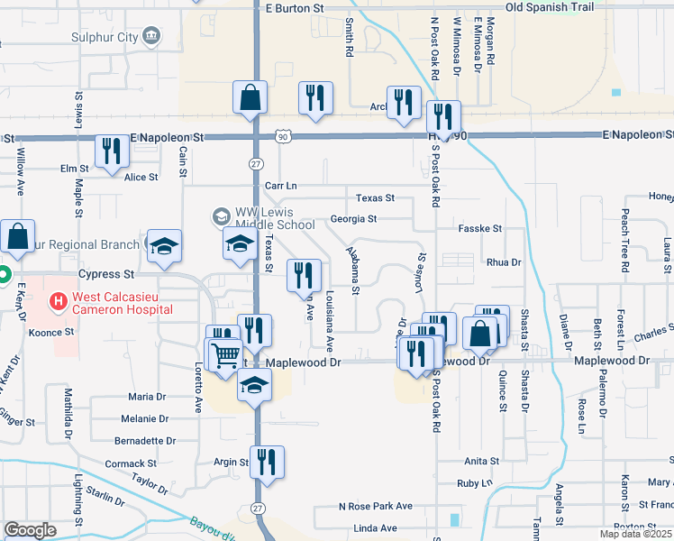 map of restaurants, bars, coffee shops, grocery stores, and more near 323 Louisiana Avenue in Sulphur