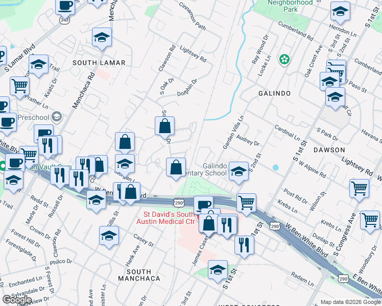 map of restaurants, bars, coffee shops, grocery stores, and more near 1 Southway Drive in Austin