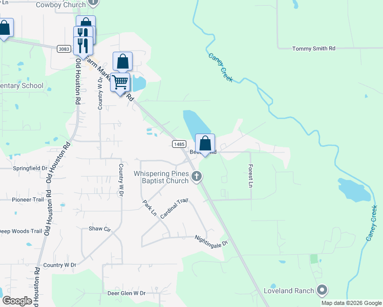 map of restaurants, bars, coffee shops, grocery stores, and more near 18256 Beeson Road in Conroe