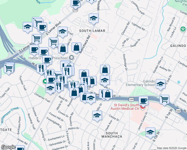 map of restaurants, bars, coffee shops, grocery stores, and more near 4014 Clawson Road in Austin