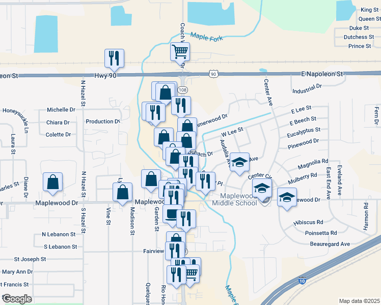 map of restaurants, bars, coffee shops, grocery stores, and more near 250 North Cities Service Highway in Sulphur