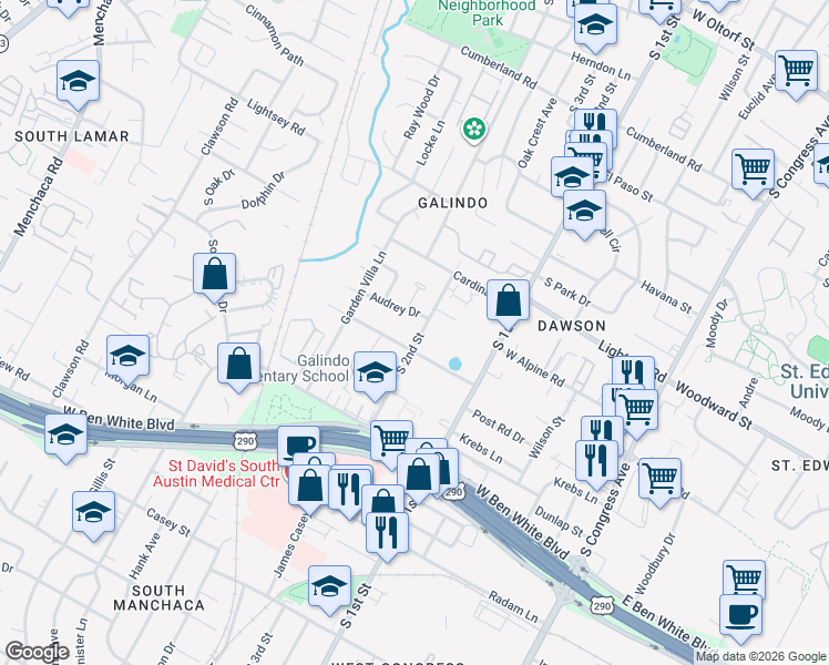 map of restaurants, bars, coffee shops, grocery stores, and more near 3614 South 2nd Street in Austin