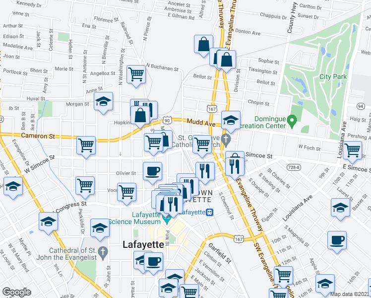 map of restaurants, bars, coffee shops, grocery stores, and more near 42 East Simcoe Street in Lafayette