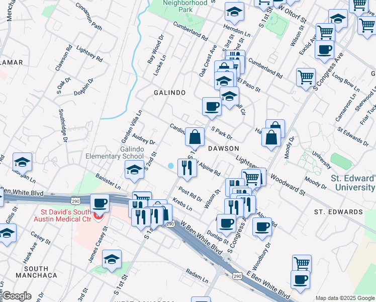 map of restaurants, bars, coffee shops, grocery stores, and more near 3504 South 1st Street in Austin