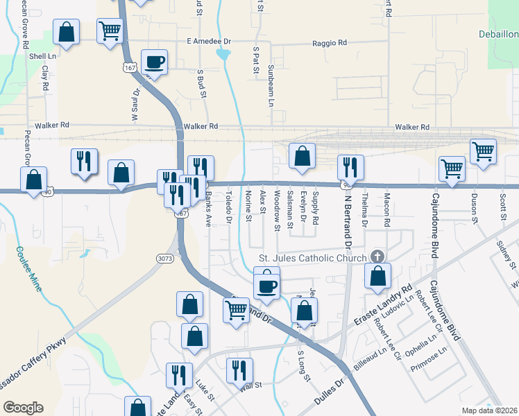 map of restaurants, bars, coffee shops, grocery stores, and more near 128 Alex Street in Lafayette