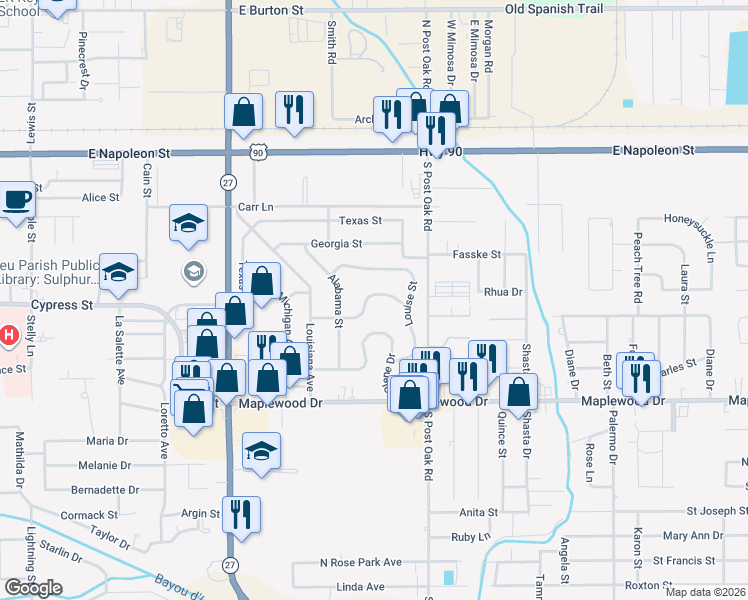 map of restaurants, bars, coffee shops, grocery stores, and more near 2029 Marge Lane in Sulphur