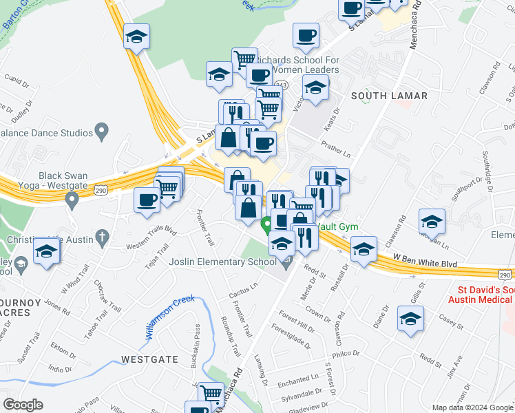 map of restaurants, bars, coffee shops, grocery stores, and more near W Ben White Blvd & Victory Dr in Austin