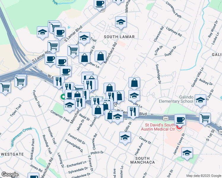 map of restaurants, bars, coffee shops, grocery stores, and more near 4107 Valley View Road in Austin
