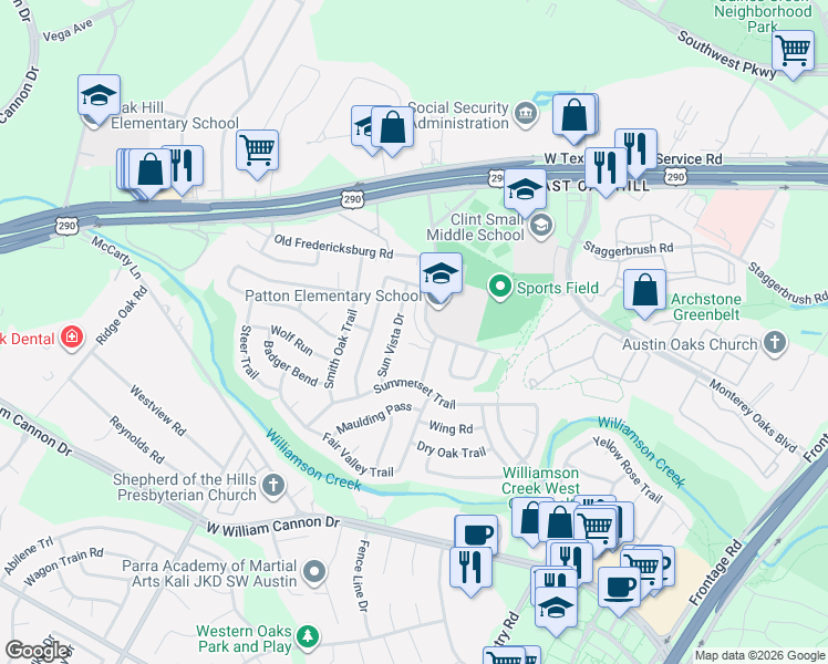 map of restaurants, bars, coffee shops, grocery stores, and more near 6102 Hill Forest Drive in Austin