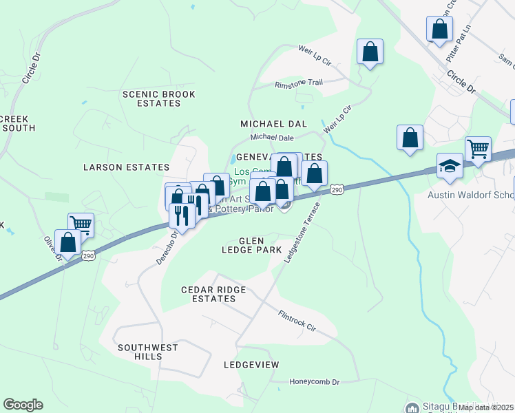 map of restaurants, bars, coffee shops, grocery stores, and more near 9345 U.S. 290 in Travis County