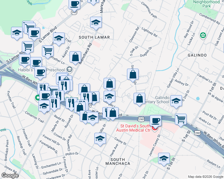 map of restaurants, bars, coffee shops, grocery stores, and more near 1504 Grayford Drive in Austin