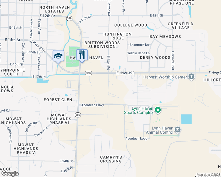 map of restaurants, bars, coffee shops, grocery stores, and more near 4600 Britton Road in Panama City
