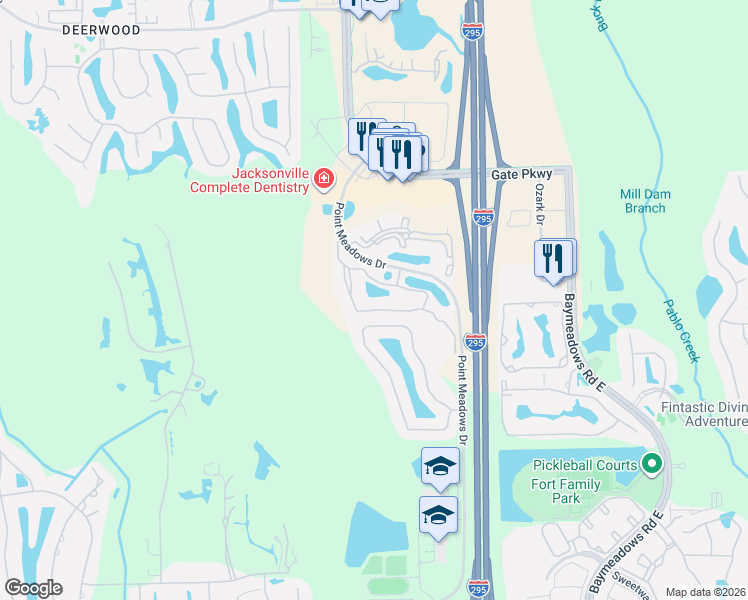 map of restaurants, bars, coffee shops, grocery stores, and more near 7800 Point Meadows Drive in Jacksonville