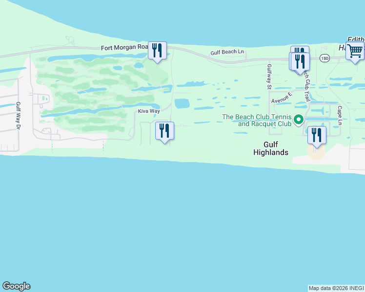 map of restaurants, bars, coffee shops, grocery stores, and more near 400 Plantation Road in Gulf Shores