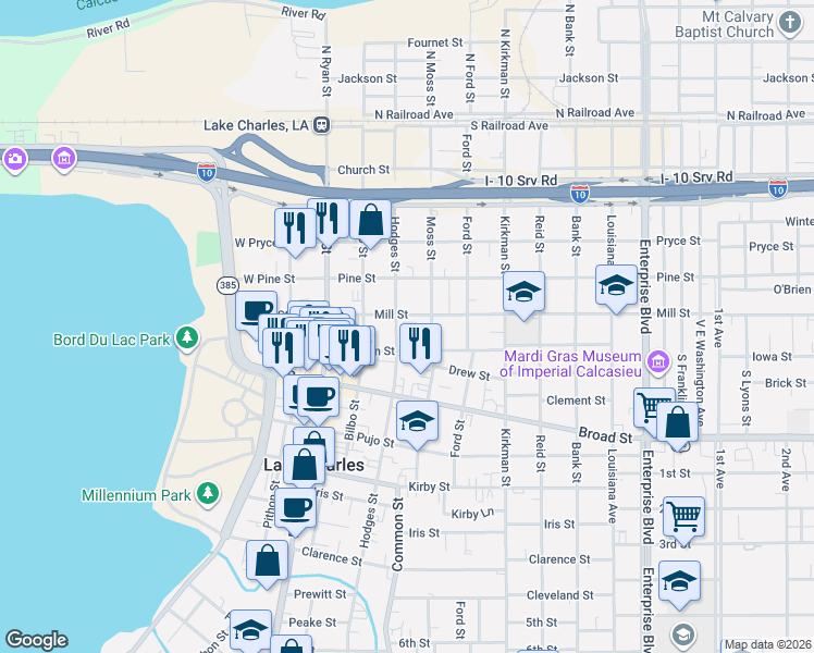 map of restaurants, bars, coffee shops, grocery stores, and more near 618 Moss Street in Lake Charles