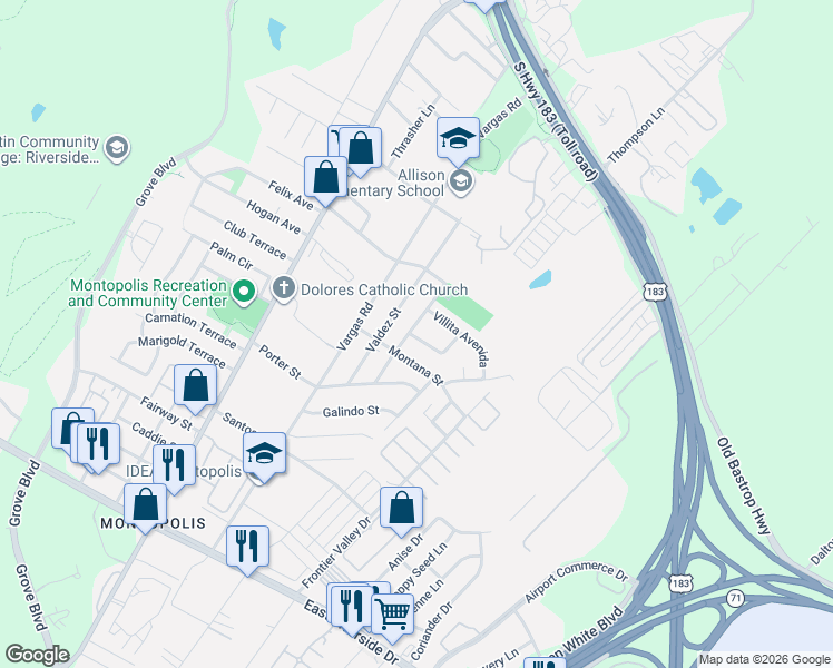 map of restaurants, bars, coffee shops, grocery stores, and more near 1011 Vasquez Street in Austin