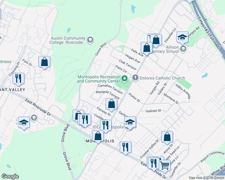 map of restaurants, bars, coffee shops, grocery stores, and more near 6203 Carnation Terrace in Austin