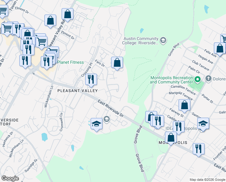 map of restaurants, bars, coffee shops, grocery stores, and more near 5405 Summer Circle in Austin