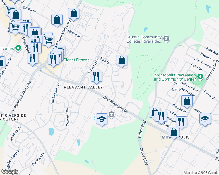 map of restaurants, bars, coffee shops, grocery stores, and more near 1851 1/2 River Crossing Circle in Austin