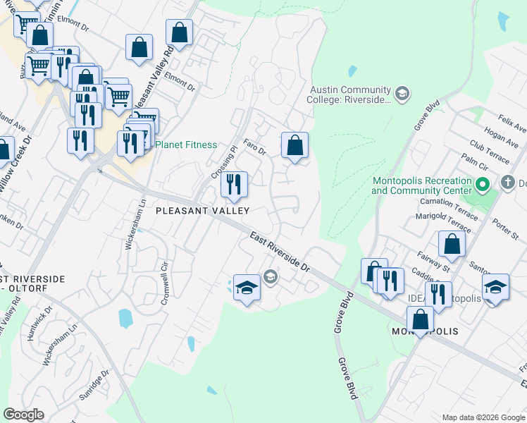 map of restaurants, bars, coffee shops, grocery stores, and more near 1851 1/2 River Crossing Circle in Austin