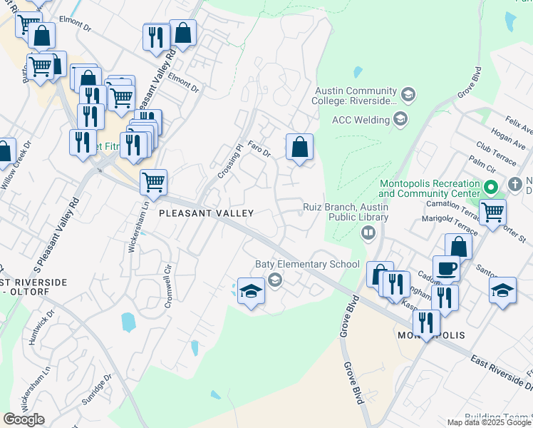 map of restaurants, bars, coffee shops, grocery stores, and more near 1851 1/2 River Crossing Circle in Austin