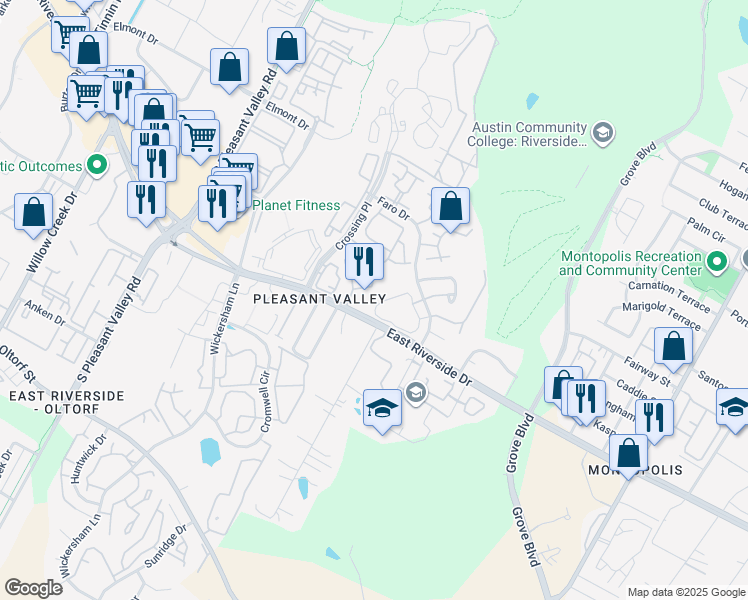 map of restaurants, bars, coffee shops, grocery stores, and more near 1818 River Crossing Circle in Austin