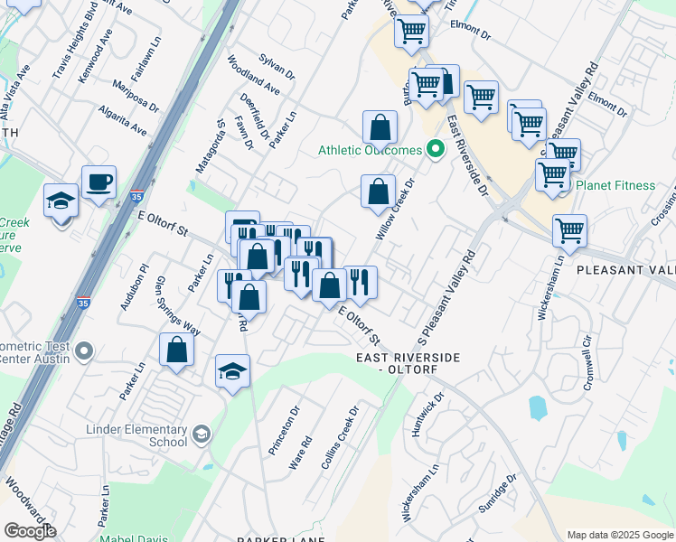 map of restaurants, bars, coffee shops, grocery stores, and more near 2200 Willow Creek Drive in Austin