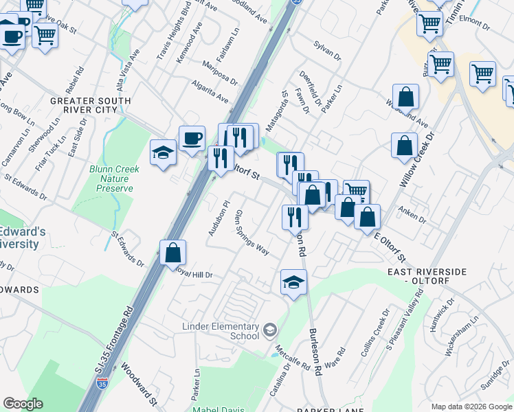 map of restaurants, bars, coffee shops, grocery stores, and more near 2401 Braxton Cove in Austin
