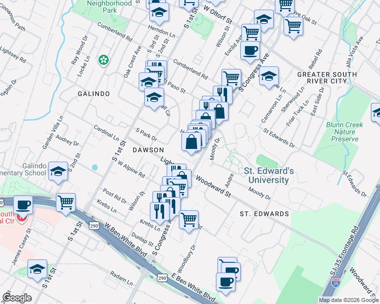 map of restaurants, bars, coffee shops, grocery stores, and more near 126 Frederick Street in Austin