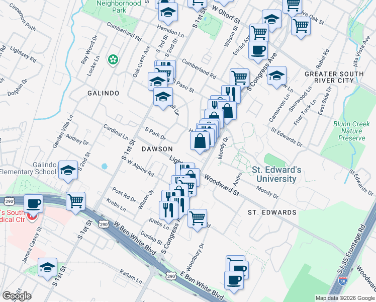 map of restaurants, bars, coffee shops, grocery stores, and more near 126 Frederick Street in Austin