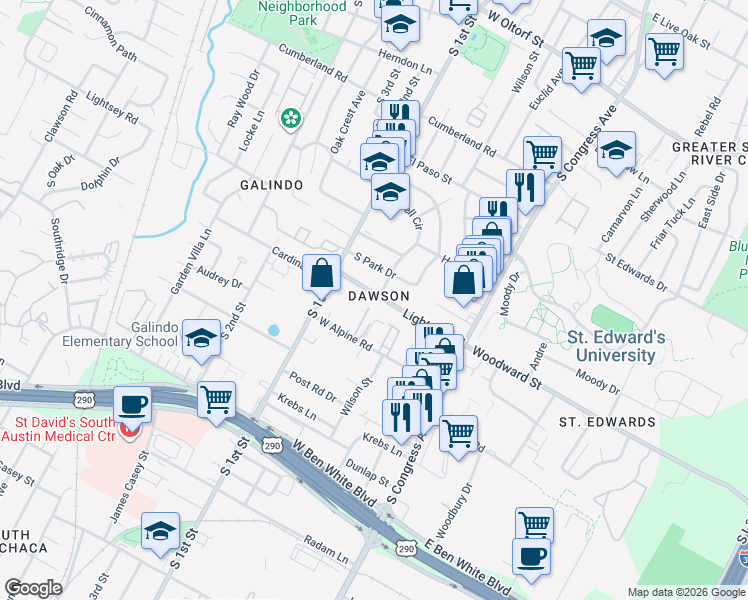 map of restaurants, bars, coffee shops, grocery stores, and more near in Austin