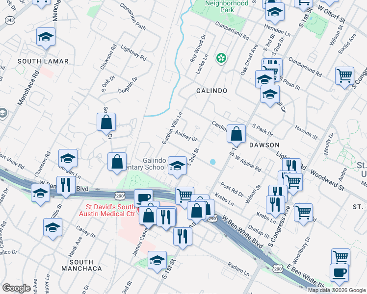 map of restaurants, bars, coffee shops, grocery stores, and more near 901 South Center Street in Austin